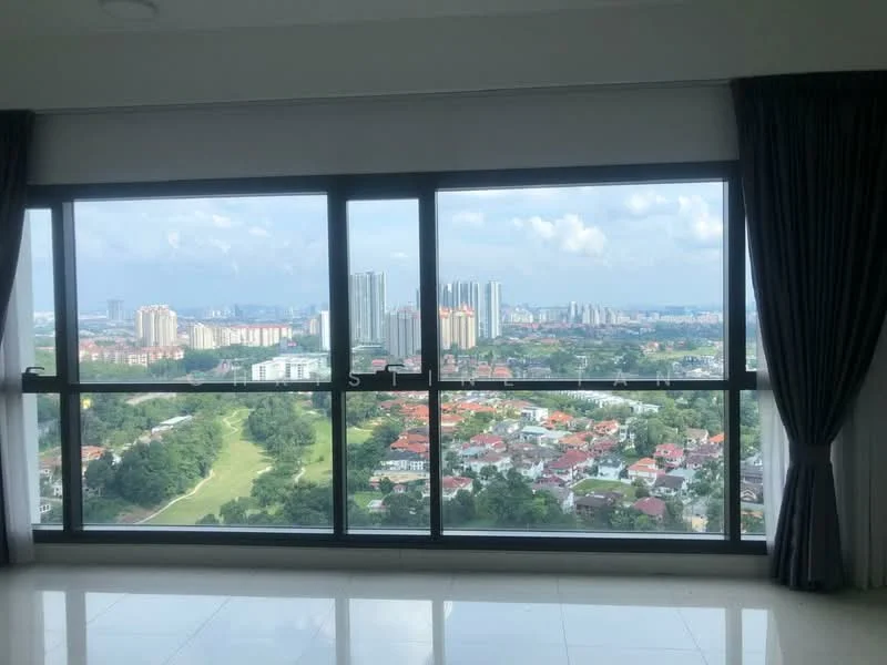 Room features: floor-to-ceiling windows, city view, curtains, white walls, polished tile flooring; style: modern; view: city.