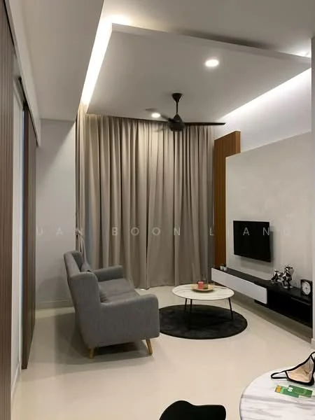 Living features: grey fabric 3-seater sofa, round coffee table, black area rug, wall-mounted TV, white TV console, recessed downlights, 5-blade ceiling fan with light, curtains, light-colored walls, polished floor tiles; style: modern.