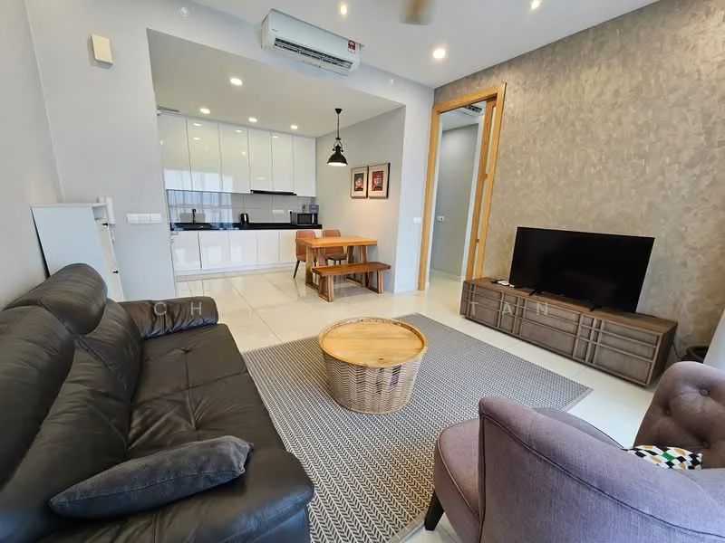 Living features: 3-seater leather sofa in black, armchair in grey fabric, coffee table with woven design, TV console with storage, wall-mounted TV, area rug with geometric pattern, recessed downlights, floor-to-ceiling windows, white painted walls, tile flooring, air conditioning unit, decorative wall art; style: modern. Kitchen features: white cabinetry, black countertop, stainless-steel sink, chrome pull-down faucet, built-in oven, freestanding range oven, microwave, refrigerator, pendant lighting, open-plan layout; style: modern.