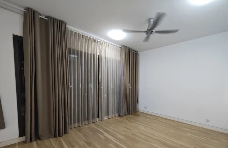 Room features: light wood flooring, white painted walls, floor-to-ceiling windows, sheer curtains, heavy drapes, recessed ceiling lights, 5-blade ceiling fan, no visible furniture; style: modern.
