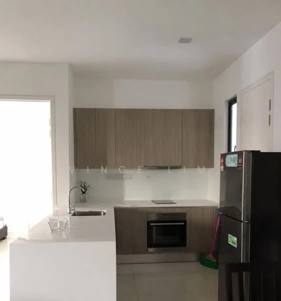Kitchen features: white quartz countertop, light wood cabinetry, built-in oven, stainless-steel fridge, single-bowl stainless-steel sink, chrome pull-down faucet, ceramic tile flooring, recessed downlights; style: modern.