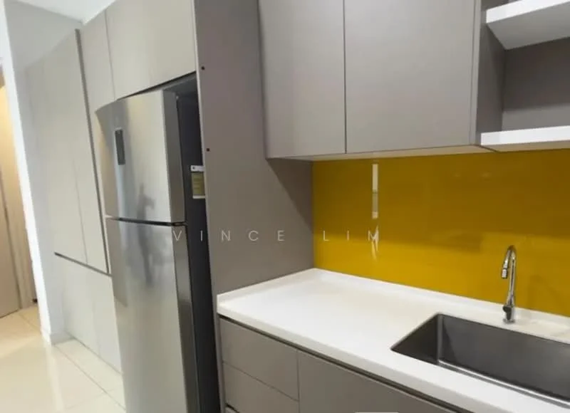 Kitchen features: stainless-steel fridge, single-bowl stainless-steel sink, chrome pull-down faucet, white quartz countertop, yellow backsplash, flat-panel grey cabinets, under-cabinet lighting, ceramic tile flooring; style: modern.