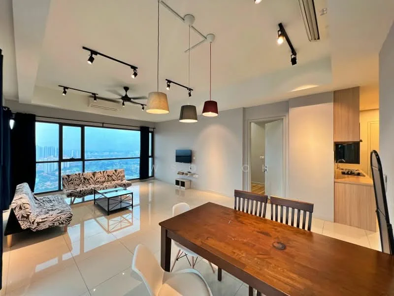 Living features: floor-to-ceiling windows, blackout curtains, 3-seater sofa with floral pattern, coffee table, wall-mounted TV, recessed LED downlights, track lighting, white walls, polished tile flooring, air conditioning unit, decorative wall art; style: modern; view: city. Dining features: wooden dining table, 4 dining chairs, pendant lighting, open layout, white walls, polished tile flooring; style: modern; view: city. Kitchen features: kitchen island, built-in cabinets, stainless-steel sink, built-in oven, stainless-steel range hood, ceramic tile backsplash, white cabinetry, recessed lighting; style: modern.