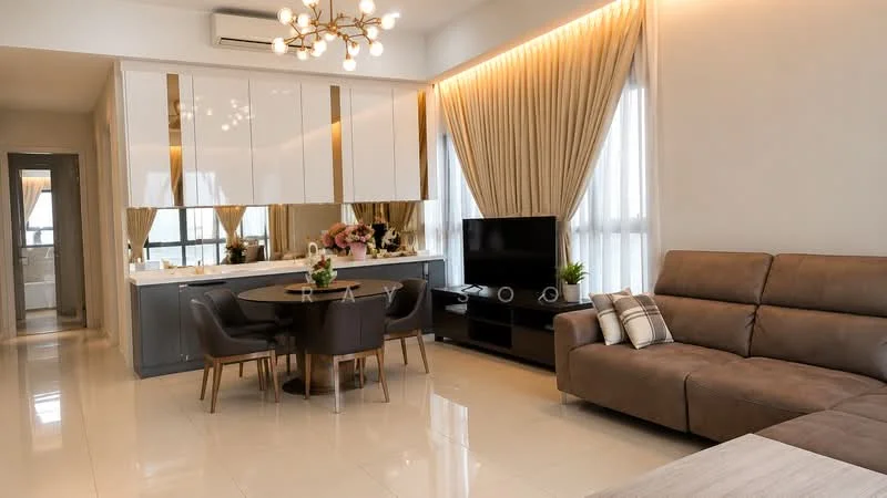 Living features: 3-seater brown leather sofa, round dining table, 4 upholstered dining chairs, wall-mounted TV, TV console, decorative mirror, chandelier with multiple bulbs, floor-to-ceiling windows with sheer curtains, light-colored walls, glossy tile flooring, recessed downlights, decorative plants in ceramic pots; style: modern.