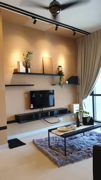 Living features: light brown painted walls, white ceiling, recessed downlights, 5-blade ceiling fan, floor-to-ceiling windows, black TV console, wall-mounted TV, floating black shelves, decorative plants on shelves, grey area rug, black coffee table, curtains, decorative vases, framed artwork; style: modern.