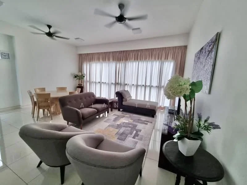 Living features: 2-seater fabric sofa in grey, 3-seater fabric sofa in beige, coffee table, area rug with geometric pattern, 2 ceiling fans, floor-to-ceiling windows with sheer curtains, decorative plants in ceramic pots, wall-mounted artwork, tile flooring, neutral painted walls; style: modern. Dining features: 6-seater wooden dining table, wooden dining chairs, neutral painted walls, tile flooring; style: modern.