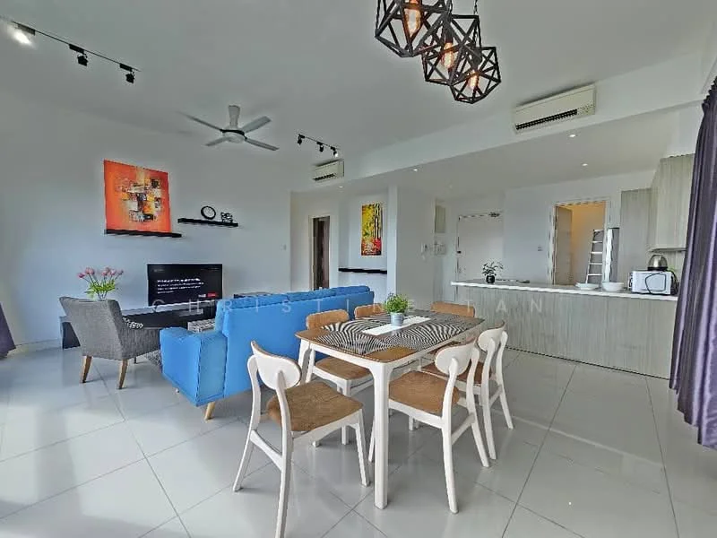 Living features: 3-seater fabric sofa in blue, 2-seater fabric sofa in grey, coffee table, wall-mounted TV, decorative artwork on walls, 5-blade ceiling fan with light, recessed LED downlights, white painted walls, tile flooring, area rug, dining table with 6 chairs, kitchen counter with bar stools; style: modern. Kitchen features: kitchen island, stainless-steel appliances, white cabinetry, countertop with backsplash, built-in microwave, freestanding range oven, sink, recessed lighting; style: modern.