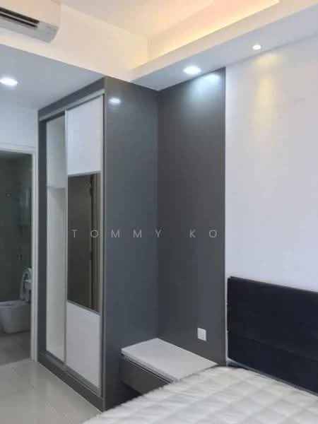 Room features: grey accent wall, white painted walls, recessed downlights, built-in wardrobe with sliding doors, bedside bench, wall-mounted air conditioning unit, tile flooring; style: modern.