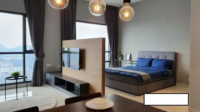 Bedroom features: king-size bed with blue bedding, upholstered headboard, floor-to-ceiling windows, grey painted walls, recessed downlights, wooden TV console, wall-mounted TV, decorative plant on console, curtains, white tile flooring; style: modern; view: city. Living features: dining table, 4 dining chairs, area rug, wooden surface, grey accent wall; style: modern; view: city.
