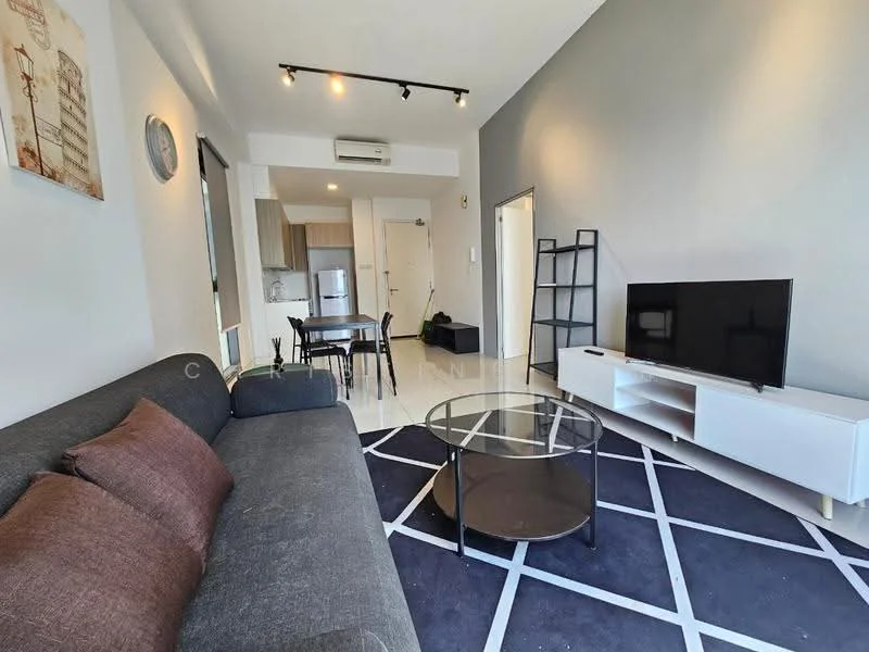 Living features: 3-seater fabric sofa in grey, 2 brown throw pillows, round glass coffee table, black area rug with geometric pattern, wall-mounted TV, white TV console, black shelving unit, recessed downlights, floor-to-ceiling windows, air conditioning unit; style: modern. Kitchen features: stainless-steel fridge, built-in cabinets, open layout to living area; style: modern.