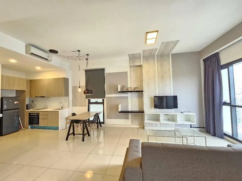 Living features: grey fabric sofa, coffee table, wall-mounted TV, entertainment unit, dining table with 4 chairs, kitchen with wooden cabinetry, black built-in oven, stainless-steel fridge, white countertop, pendant light fixture, recessed downlights, floor-to-ceiling windows, curtains, tile flooring; style: modern; view: city.
