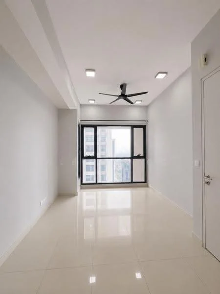 Room features: white painted walls, glossy ceramic tile flooring, 5-blade ceiling fan with light, floor-to-ceiling windows, roller blinds, recessed LED downlights; style: modern; view: city.