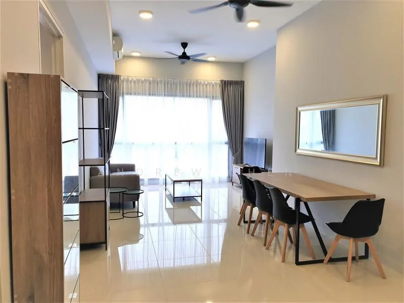 Living features: floor-to-ceiling windows, grey sheer curtains, 5-blade ceiling fan with light, recessed downlights, polished ceramic tile flooring, wooden dining table, black dining chairs, black coffee table, TV console, wall-mounted TV, decorative mirror, open shelving unit, sofa, area rug; style: modern.