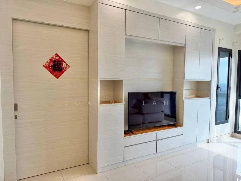 Room features: light-colored wood cabinetry, built-in TV console, white walls, glossy tile flooring, decorative wall art, large window with black frame, minimalist design, open shelving, hidden storage compartments; style: modern; view: city.