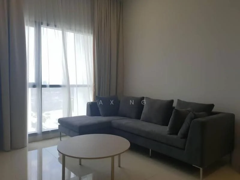 Living features: L-shape sectional sofa in grey, coffee table with round top, floor-to-ceiling windows, sheer curtains, marble flooring, decorative cushions, neutral wall colour; style: modern; view: city.