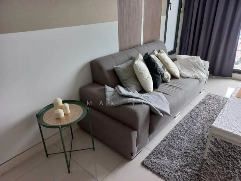 Living features: 3-seater fabric sofa in grey, decorative pillows in various colors, light throw blanket, round green side table, white coffee table, area rug with textured surface, floor-to-ceiling windows, curtains in dark grey, neutral painted walls, tile flooring; style: modern; view: city.