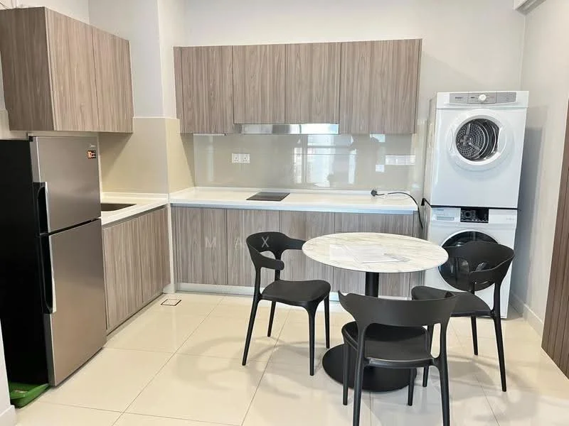Kitchen features: light wood cabinetry, white countertop, stainless-steel sink, chrome pull-down faucet, built-in stove, refrigerator, washer-dryer combo, round marble dining table, 4 black plastic dining chairs, white tiled flooring, neutral painted walls, under-cabinet lighting; style: modern.