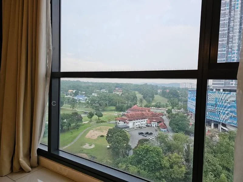 Room features: floor-to-ceiling windows, curtains, view of greenery, view of golf course, view of nearby buildings, window frame, tile flooring; view: garden.