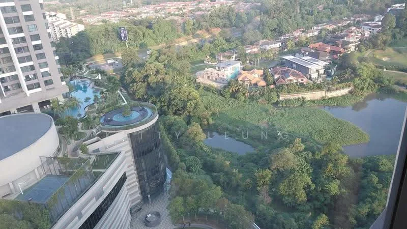 Exterior type: high-rise condominium; features: infinity pool, landscaped garden, manicured lawn, surrounded by greenery, view of residential area, water body, city skyline in background; style: modern.