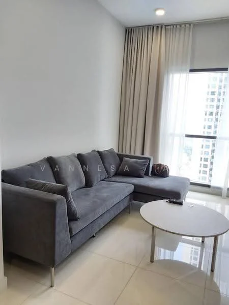 Living features: L-shape sectional sofa in grey, coffee table, floor-to-ceiling windows, sheer curtains, white painted walls, polished tile flooring, recessed downlights; style: modern; view: city.
