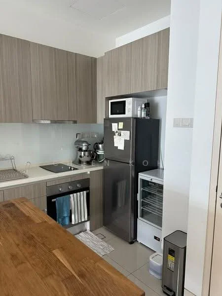 Kitchen features: light wood cabinetry, stainless-steel fridge, built-in oven, ceramic cooktop, microwave, white backsplash, countertop with wooden surface, tile flooring, dishwasher, kitchen towels, kitchen utensils, open shelving; style: modern.