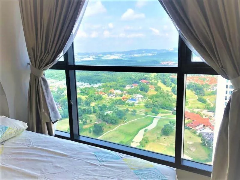Room features: floor-to-ceiling windows, curtains, bed with bedding, view of greenery and golf course, view of residential area, view of hills, natural light; style: modern; view: garden.