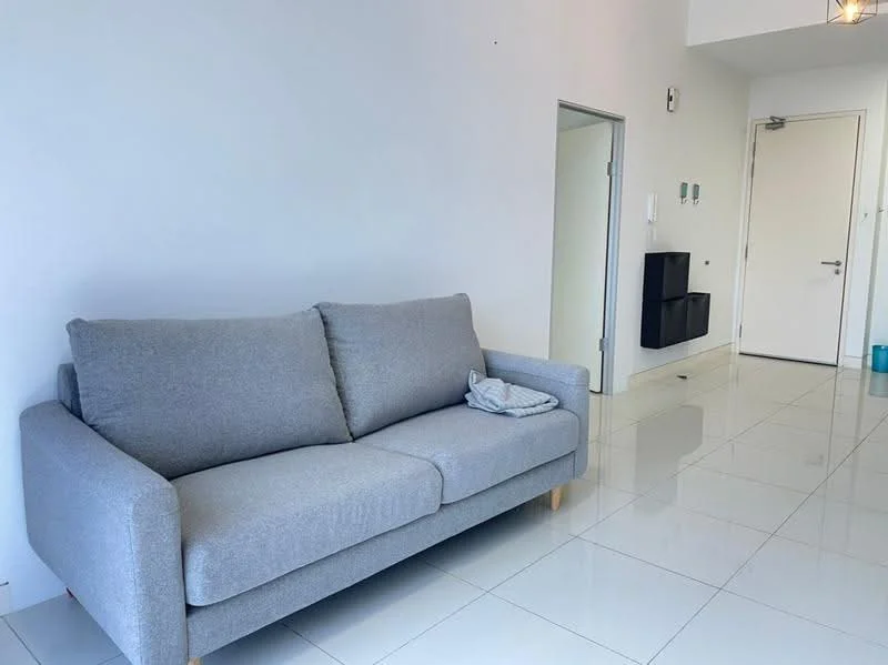 Living features: grey fabric sofa, white walls, glossy white tile flooring, recessed downlights, door to hallway, wall-mounted storage unit, intercom panel, main entrance door; style: modern.