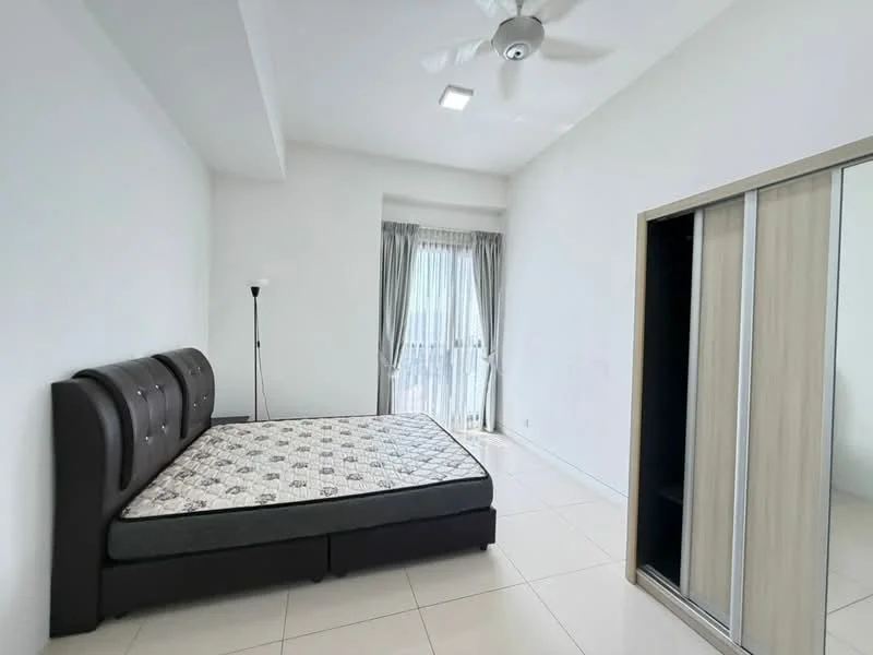Bedroom features: queen-size bed, upholstered headboard, floor-to-ceiling windows, sheer curtains, sliding mirror wardrobe, white painted walls, ceiling fan, tile flooring, lamp, natural light; style: modern.