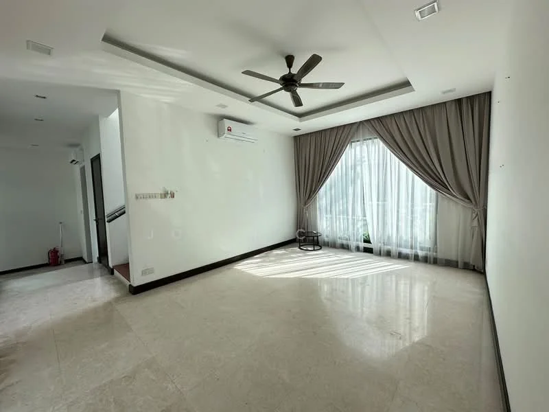Living features: marble tile flooring, white painted walls, tray ceiling, 5-blade ceiling fan with light, floor-to-ceiling windows, sheer curtains, natural light streaming in, corner plant visible; style: modern; view: garden.