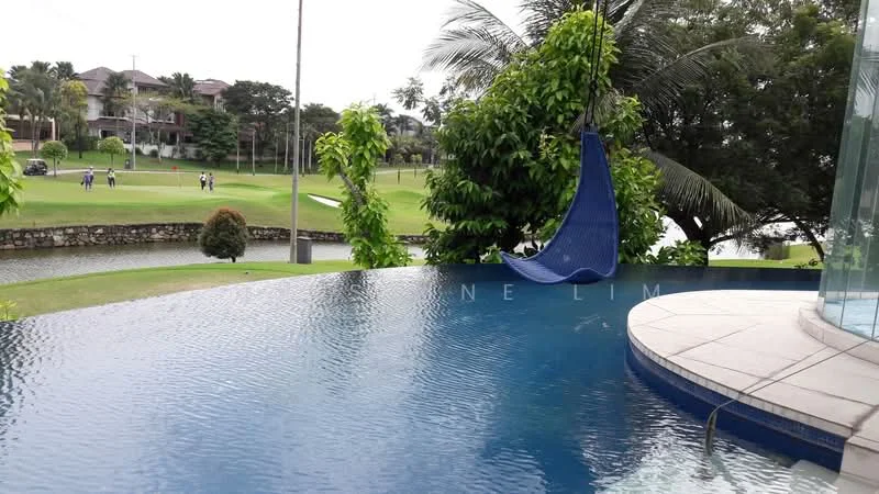 Exterior type: swimming pool deck; features: infinity edge pool, poolside loungers, landscaped garden, palm trees, manicured lawn, view of golf course, water feature, hanging swing chair, surrounding greenery; style: modern.