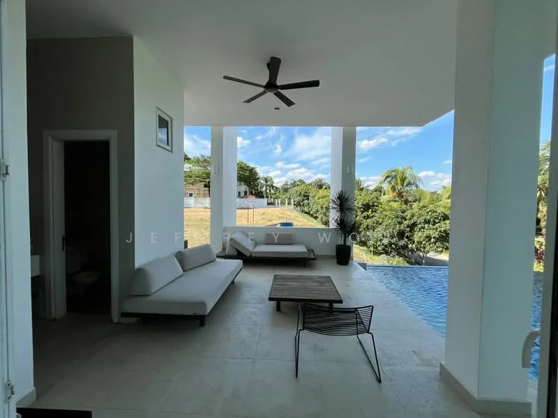 Room features: sofa with white upholstery, coffee table, ceiling fan, floor-to-ceiling windows, sliding glass door, outdoor view, pool view, tile flooring, decorative plants; style: modern; view: garden.