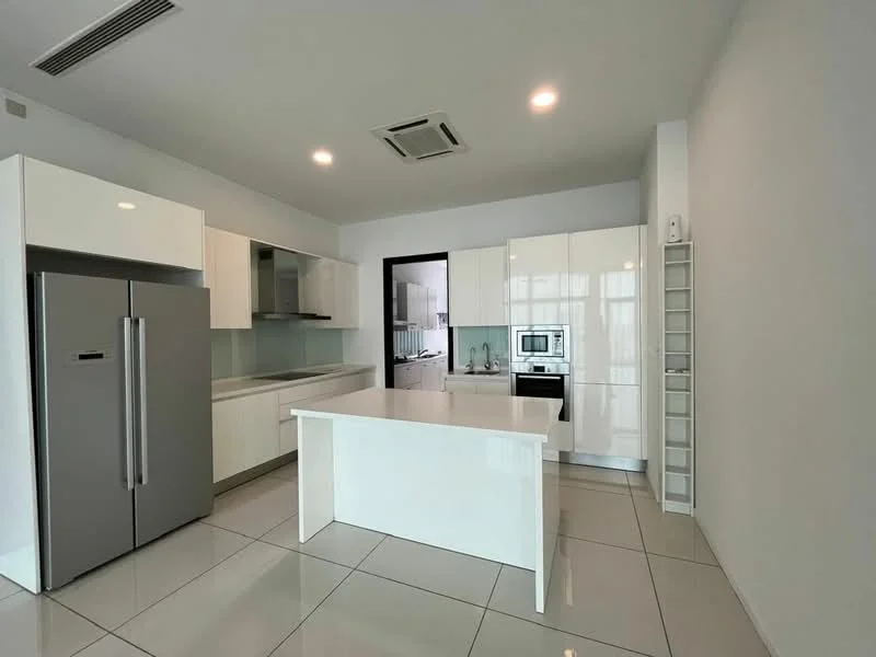 Kitchen features: white cabinetry, stainless-steel fridge, built-in oven, ceramic cooktop, white quartz countertop, single-bowl stainless-steel sink, chrome pull-down faucet, tile flooring, recessed downlights, island with seating, open shelving, modern design; style: modern.