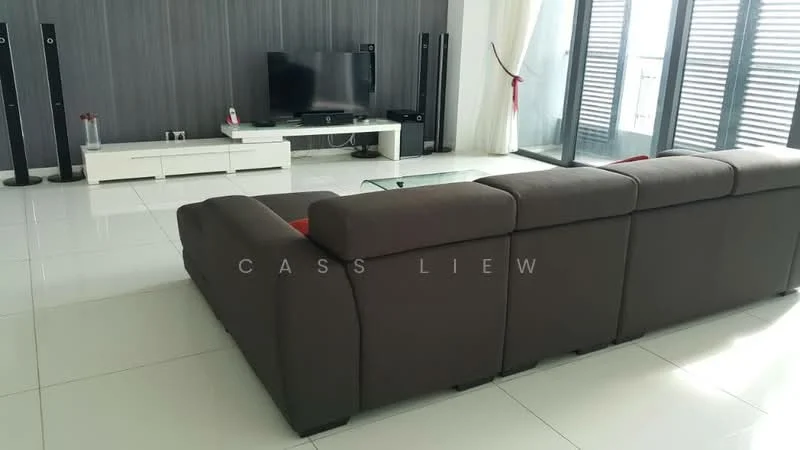 Living features: 3-seater fabric sofa in dark grey, glass coffee table, white TV console, wall-mounted TV, floor-to-ceiling windows, sheer curtains, grey accent wall, white tiled flooring, black floor speakers, LED lighting, decorative wall art; style: modern.
