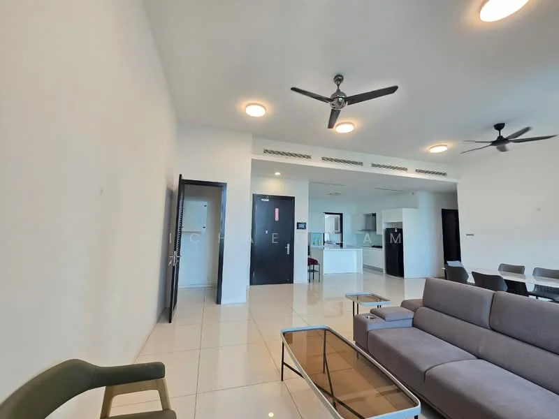 Living features: white painted walls, glossy tile flooring, 5-blade ceiling fan with light, 2 ceiling fans, large windows, sofa in grey fabric, glass coffee table, dining table with chairs, open layout, kitchen visible in background; style: modern.