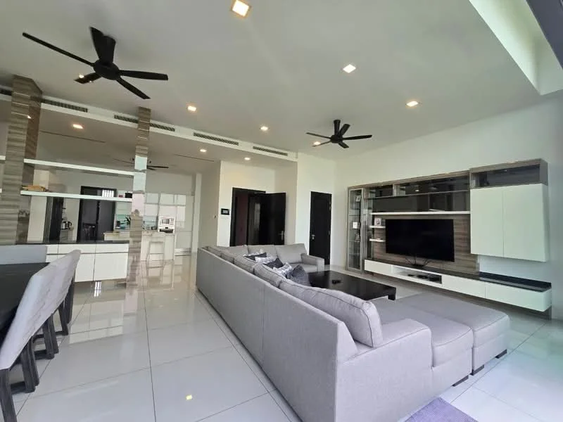 Living features: L-shape sectional sofa in light grey, coffee table, wall-mounted TV, entertainment unit with storage, recessed downlights, 2 ceiling fans, large windows, white walls, glossy tile flooring; style: modern. Dining features: 6-seater dining table, black dining chairs, open layout to kitchen, white walls, glossy tile flooring; style: modern. Kitchen features: white cabinetry, stainless-steel appliances, kitchen island, open layout to living area, glossy tile flooring; style: modern.
