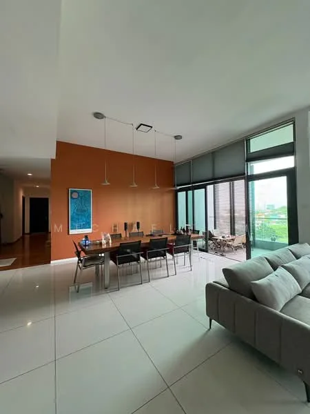 Dining features: dining table for 6, grey upholstered dining chairs, orange accent wall, white tiled flooring, floor-to-ceiling windows, sliding glass door, outdoor view, pendant lighting, decorative wall art; style: modern; view: garden. Living features: grey fabric sofa, coffee table, area rug, wall-mounted TV, open layout, natural light, decorative cushions; style: modern; view: garden.