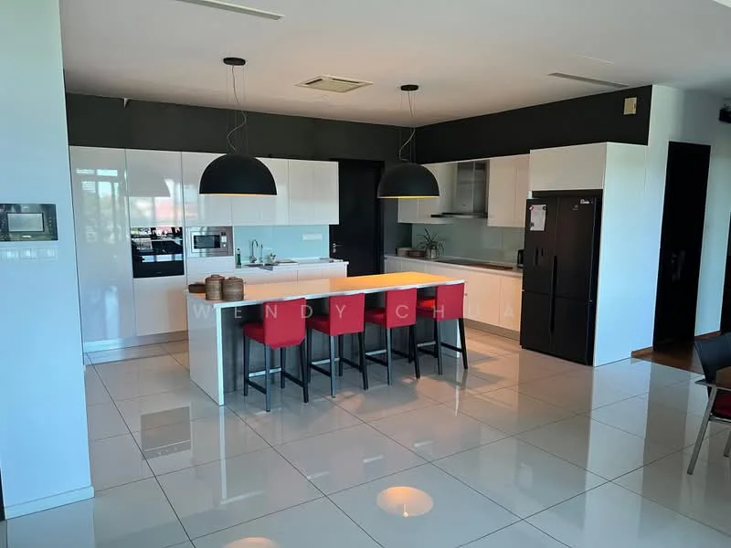 Kitchen features: white cabinetry, black countertop, island with seating for 4, stainless-steel fridge, built-in oven, ceramic tile flooring, recessed downlights, pendant lighting over island, microwave, open layout, large windows for natural light, black backsplash, kitchen sink, dishwasher; style: modern; view: city.