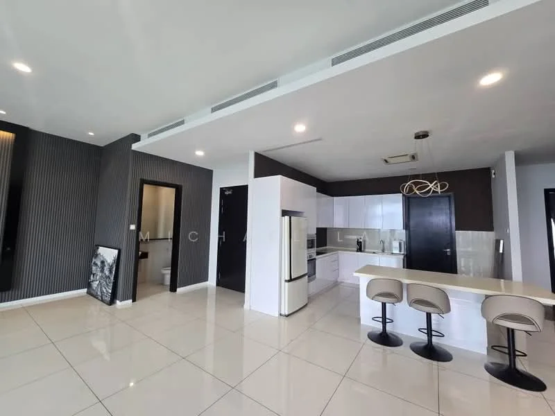 Kitchen features: white cabinetry, black countertops, stainless-steel fridge, built-in oven, 4-burner gas hob, single-bowl stainless-steel sink, chrome pull-down faucet, bar seating with 3 stools, recessed downlights, white tiled flooring, open layout, wall-mounted cabinets; style: modern. Living features: black accent wall, white walls, large windows, open layout, tile flooring, decorative wall art; style: modern. Bathroom features: toilet, sink, white walls, tile flooring.