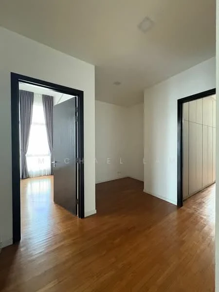 Room features: wooden flooring, white painted walls, black door frames, floor-to-ceiling windows, curtains, light ceiling, corner layout, natural light; style: modern; view: city.