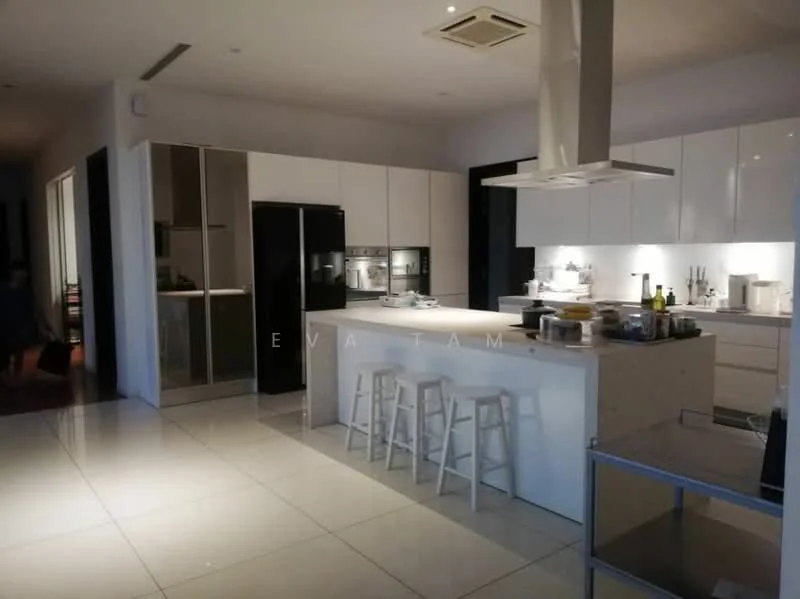 Kitchen features: white cabinetry, island countertop, stainless-steel range hood, built-in oven, stainless-steel fridge, black fridge, ceramic tile flooring, recessed downlights, bar stools, sink, countertop appliances, wall-mounted cabinets, open shelving; style: modern.