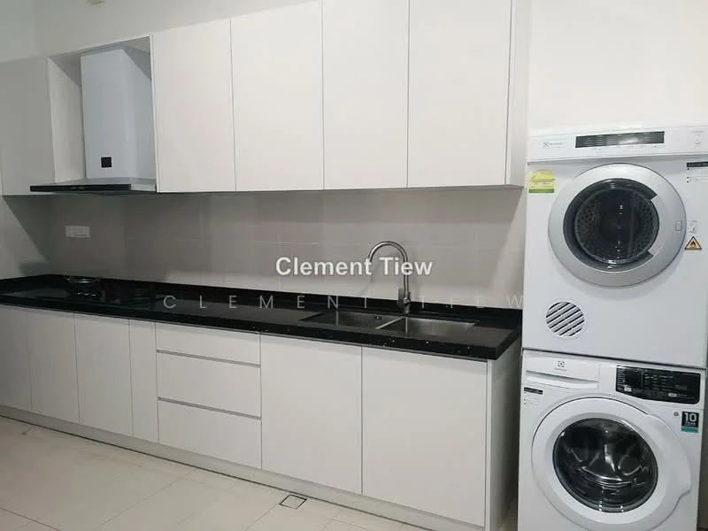 Kitchen features: white cabinetry, black granite countertop, single-bowl stainless-steel sink, chrome pull-down faucet, built-in oven, stainless-steel range hood, ceramic tile flooring, front-load washing machine, tumble dryer, wall-mounted cabinets, backlit wall, recessed downlights; style: modern.