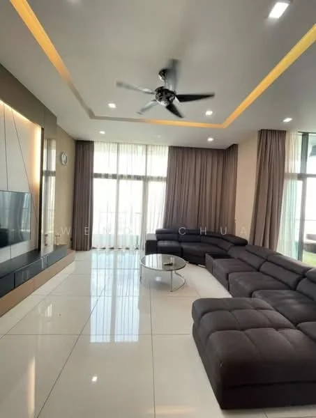 Living features: 5-blade ceiling fan with light, wall-mounted TV, grey sectional sofa, glass coffee table, white tiled flooring, recessed LED downlights, floor-to-ceiling windows, sheer curtains, decorative wall paneling, crown moulding, neutral wall colour; style: modern.