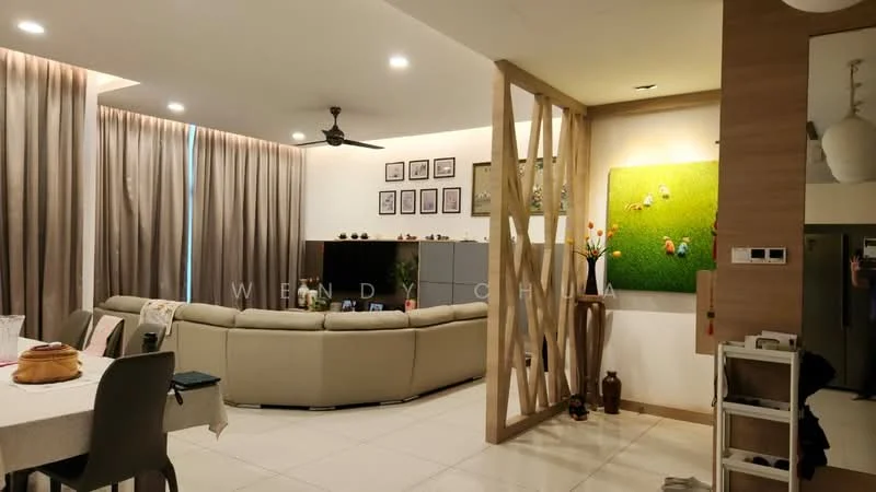 Living features: L-shape sectional sofa in light grey, coffee table, TV console, wall-mounted TV, decorative wall art, framed photographs on wall, ceiling fan with light, recessed lighting, floor-to-ceiling curtains in beige, white painted walls, tile flooring, open shelving unit, decorative plants; style: modern.