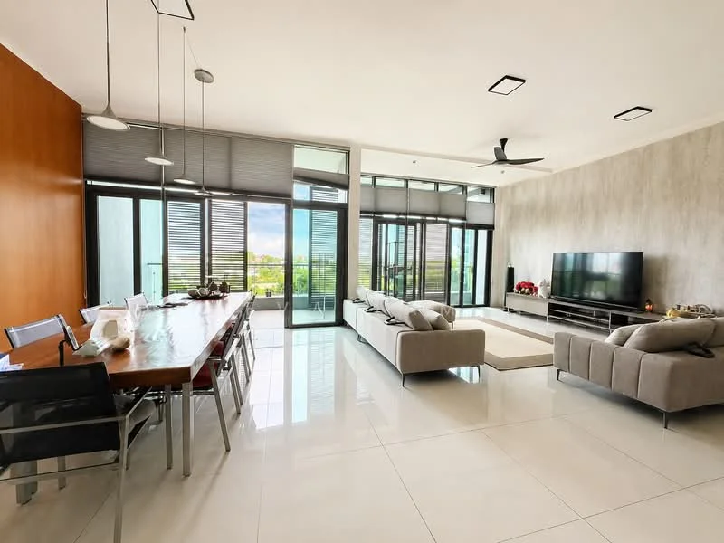 Living features: floor-to-ceiling windows, sliding glass door, 5-blade ceiling fan with light, recessed LED downlights, light grey sectional sofa, 2-seater fabric sofa in beige, coffee table, TV console, wall-mounted TV, area rug, white walls, polished tile flooring; style: modern; view: city. Dining features: 6-seater dining table, black dining chairs, wooden dining table, decorative centerpiece; style: modern; view: city.