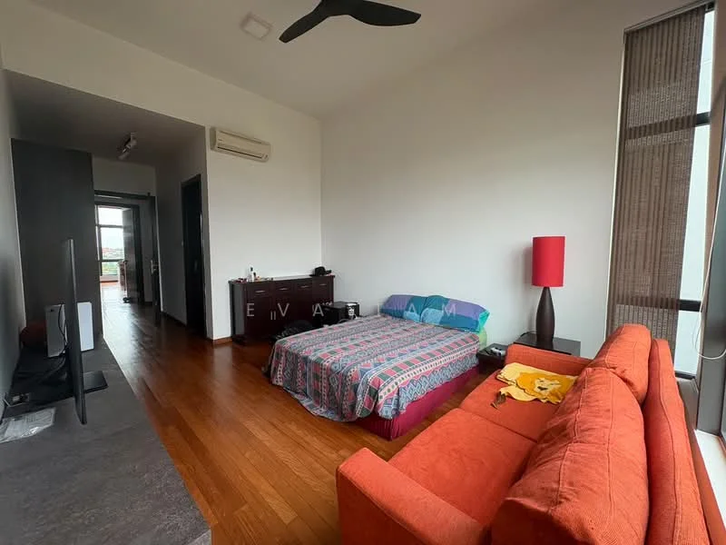 Room features: wooden flooring, white painted walls, ceiling fan, large window with sheer curtains, orange fabric sofa, double bed with patterned bedspread, TV console, wall-mounted TV, dresser, air conditioning unit; style: modern; view: city.