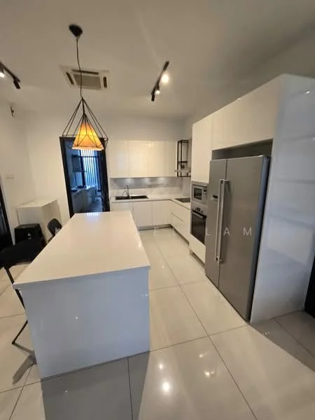 Kitchen features: white cabinetry, stainless-steel fridge, built-in oven, 4-burner gas hob, single-bowl stainless-steel sink, chrome pull-down faucet, white quartz countertop, pendant light fixture, ceramic tile flooring, open shelving, recessed downlights, island with seating; style: modern.