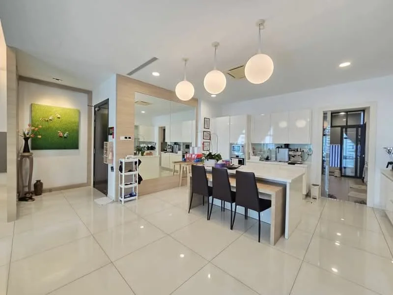 Kitchen features: white glossy cabinetry, marble countertop, stainless-steel appliances, built-in oven, freestanding range oven, double-bowl stainless-steel sink, chrome pull-down faucet, pendant lighting, large island with seating, tile flooring, recessed downlights, open shelving, decorative wall art, mirror wall, dining area with four black chairs; style: modern.
