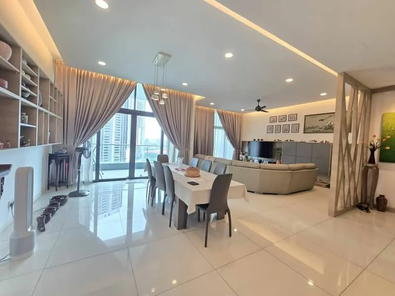 Living features: large floor-to-ceiling windows, sheer curtains, recessed LED downlights, 5-blade ceiling fan with light, cream painted walls, white glossy tile flooring, L-shape sectional sofa in beige, coffee table, TV console, wall-mounted TV, decorative wall art, open shelving with decorative items, dining table with 6 chairs; style: modern; view: city.