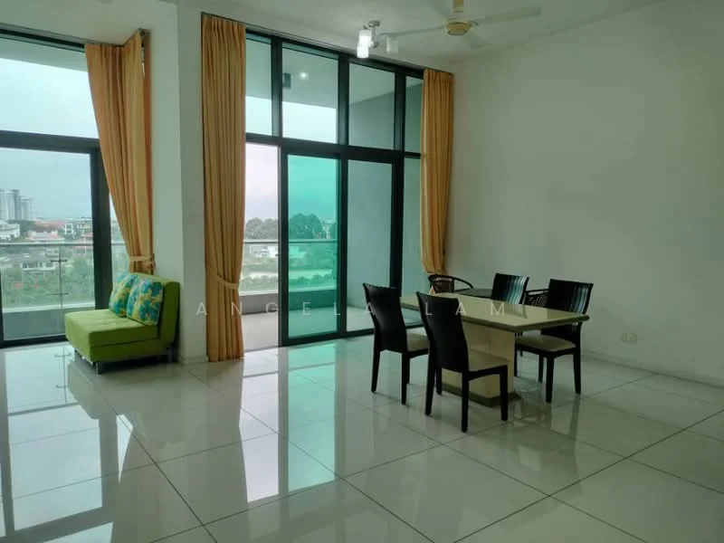 Dining features: white walls, large floor-to-ceiling windows, grey tiled flooring, dining table with 6 chairs, green fabric sofa, curtains in orange, ceiling fan, natural light from windows; style: modern; view: city.