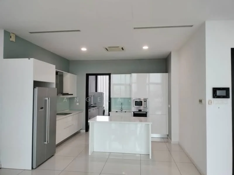 Kitchen features: white cabinetry, stainless-steel fridge, built-in oven, microwave, white countertop, island with storage, ceramic tile flooring, recessed downlights, grey accent wall, open layout; style: modern.